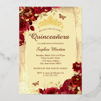 Red Gold Elegant Floral Butterfly Quinceanera