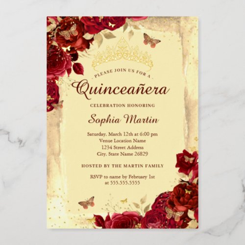 Red Gold Elegant Floral Butterfly Quinceanera Foil Invitation