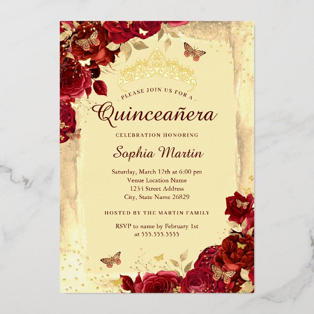 Red Gold Elegant Floral Butterfly Quinceanera Foil Invitation (Front)
