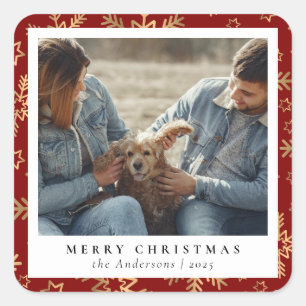 Red Gold Elegant Merry Christmas Custom Photo Square Sticker