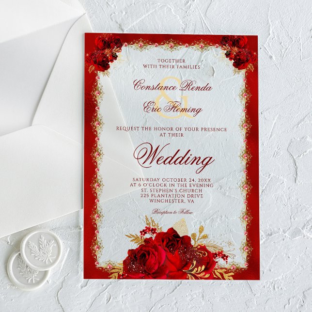 Red Gold Elegant Monogram Roses Formal Wedding Acrylic Invitations (Creator Uploaded)