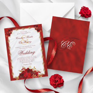 Red Gold Elegant Monogram Roses Formal Wedding Invitation