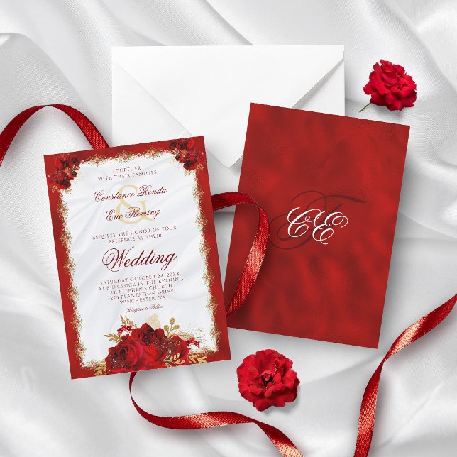 Red Gold Elegant Monogram Roses Formal Wedding Invitation (Creator Uploaded)