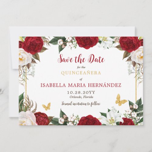Red  Gold Elegant Quinceaera Save The Date