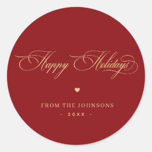 Red & Gold Elegant Script Happy Holidays Custom   Classic Round Sticker