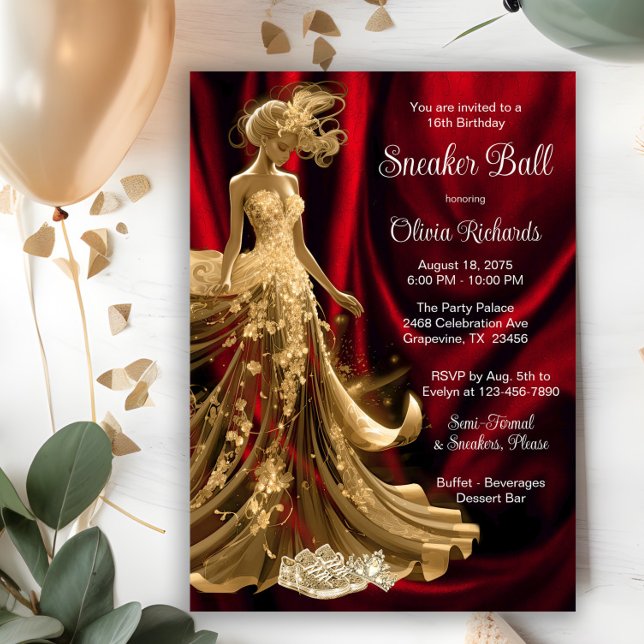 Red Gold Elegant Sneaker Ball  Invitation (Elegant red gold sneaker ball invitation. All text, font and wording can be changed.)