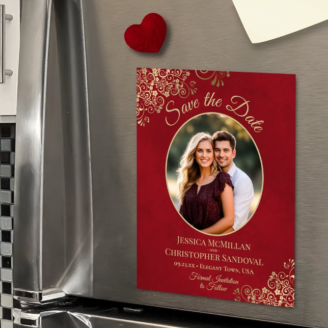 Red & Gold Elegant Wedding Save Date Oval Photo Magnetic Invitation (Magnetic Back for Easy Display!)
