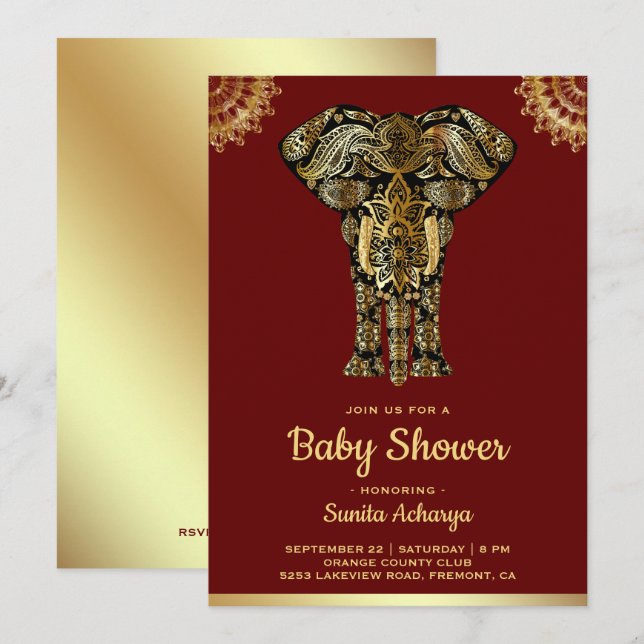 Red Gold Elephant Indian Baby Shower Invitation (Front/Back)