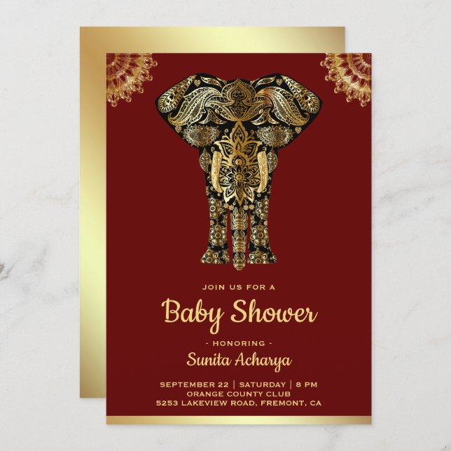 Red Gold Elephant Indian Baby Shower Invitation (Front/Back)