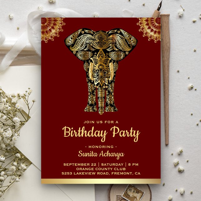 Red Gold Elephant Indian Birthday Party Invitation (Creator Uploaded)