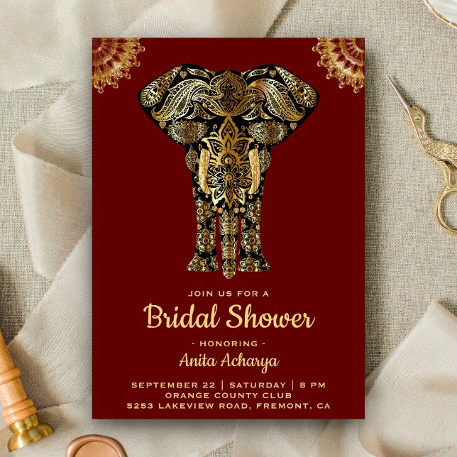 Red Gold Elephant Indian Bridal Shower Invitation
