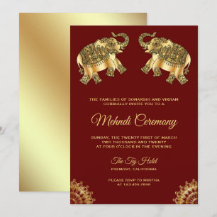 Red Gold Elephants Indian Henna Mehndi Ceremony Invitation
