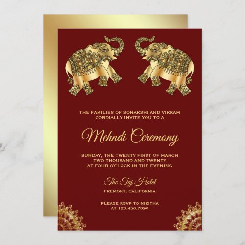 Red Gold Elephants Indian Henna Mehndi Ceremony Invitation