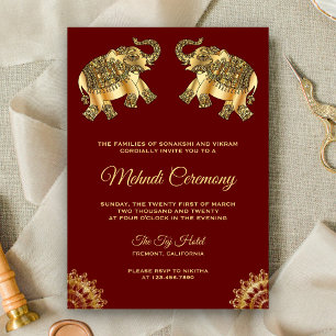Red Gold Elephants Indian Henna Mehndi Ceremony Invitation