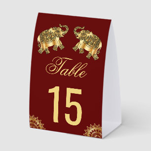 Red Gold Elephants Indian Wedding Table Number Paper Table Tent