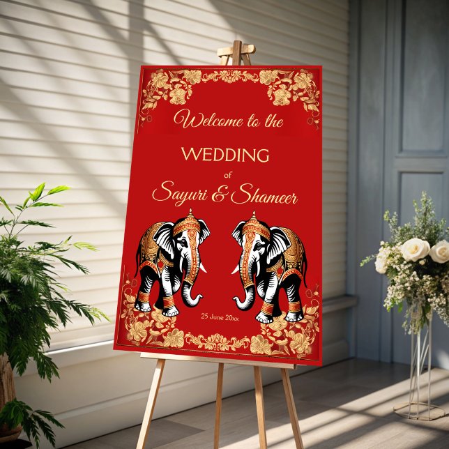 Red gold elephants Indian wedding welcome sign (Red and gold elephants Indian wedding welcome sign board personalized welcome board)