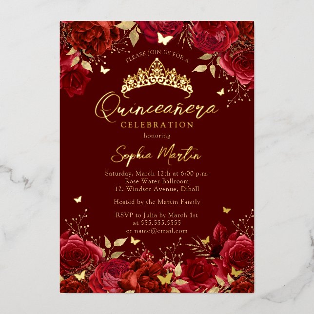 Red Gold Enchanting Floral Butterfly Quinceanera Foil Invitation (Front)