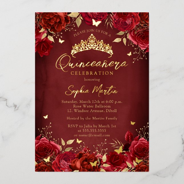 Red Gold Enchanting Floral Butterfly Quinceanera Foil Invitation (Front)