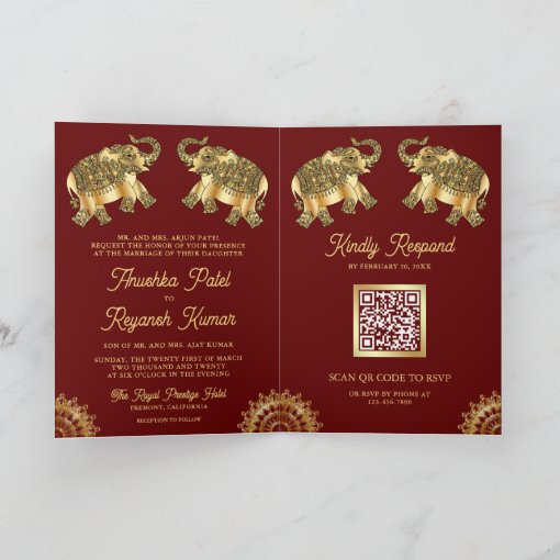 Red Gold Ethnic Elephants Indian QR Code Wedding Invitation Zazzle
