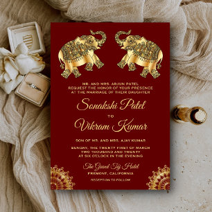 Red Gold Ethnic Elephants Indian Wedding Invitation