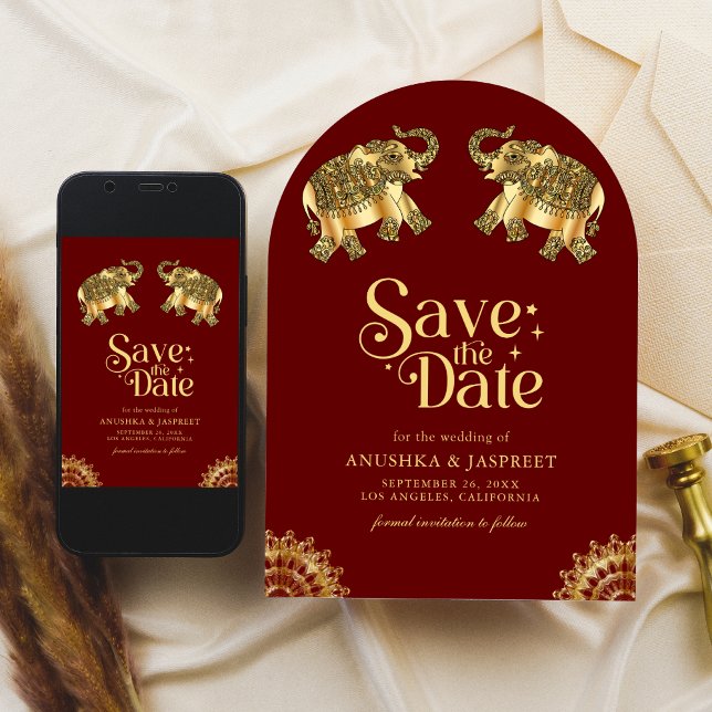 Red Gold Ethnic Elephants Indian Wedding Save The Date (Creator Uploaded)