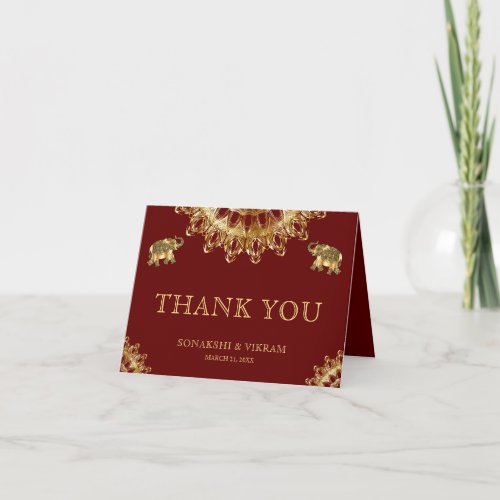 Red Gold Ethnic Elephants Indian Wedding Thank You Card