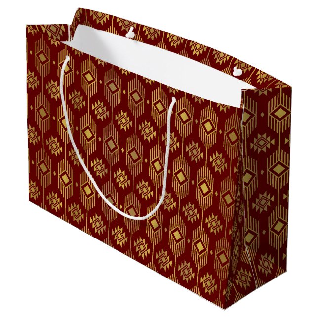 Red & gold ethnic ikat geometric pattern large gift bag (Back Angled)