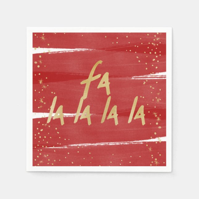 Red & Gold Fa La La La La Snowy Christmas Holiday Napkins (Front)