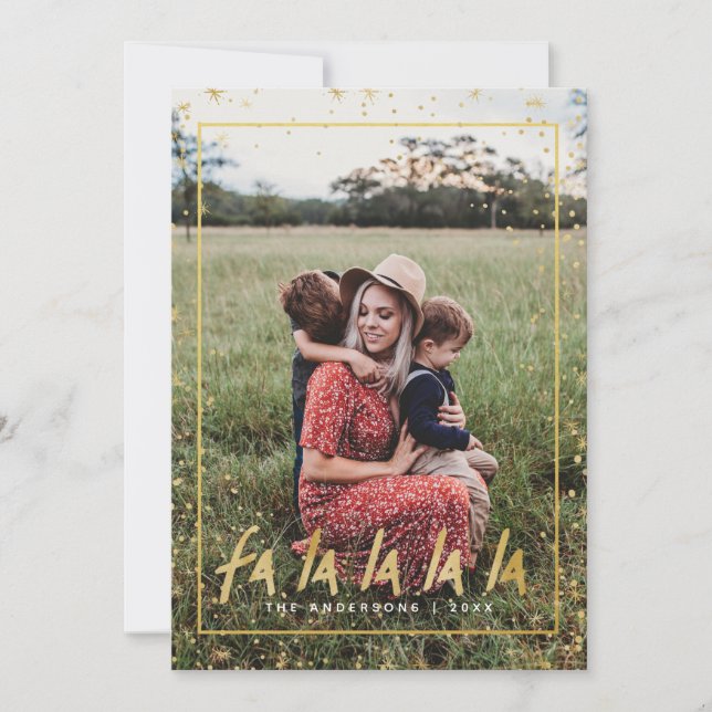 Red & Gold Fa La La La La Snowy Holiday Christmas Card (Front)