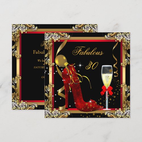 Red Gold Fabulous 30 Birthday Party Personalized Invitation