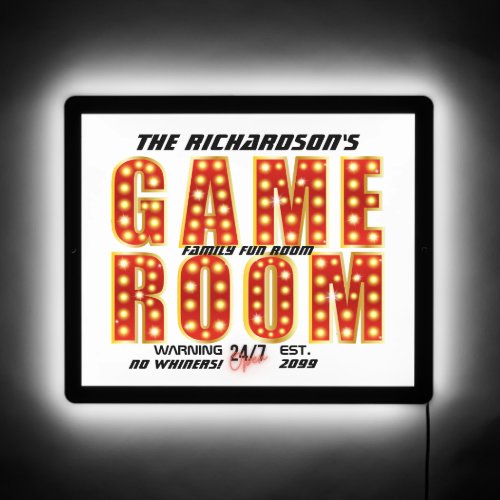 Red  Gold Family Game Room No Whiners Open 247 LED Sign