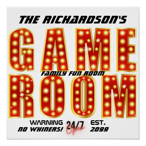 Red  Gold Family Game Room No Whiners Open 247 Poster