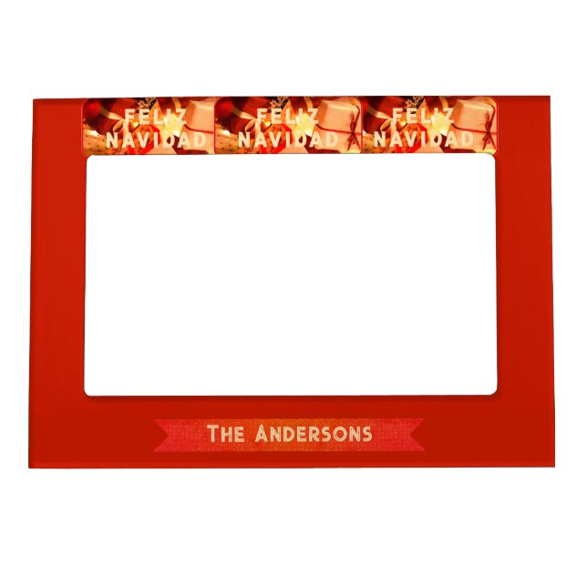 Red Gold Family Name Modern Christmas Magnetic Frame (Front)