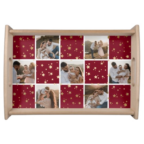 Red Gold Family Photo Collage Christmas Holiday Serving Tray