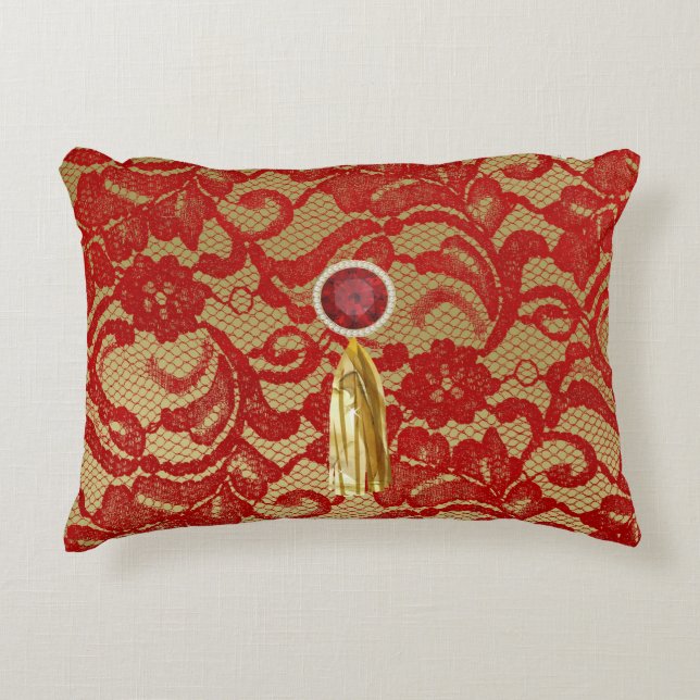Red & Gold Faux Floral Lace Jewel & Gold Tassel Decorative Pillow (Front)