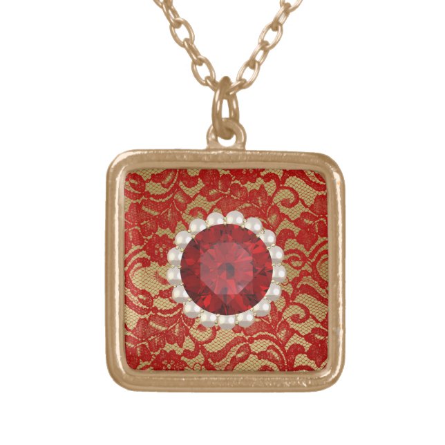 Red & Gold Faux Floral Lace & Ruby Pearls Gold Plated Necklace (Front)