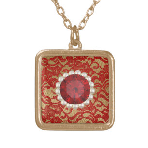 Red & Gold Faux Floral Lace & Ruby Pearls Plated Necklace