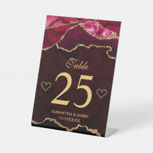 Red Gold Faux Glitter Agate Wedding Table Number Pedestal Sign