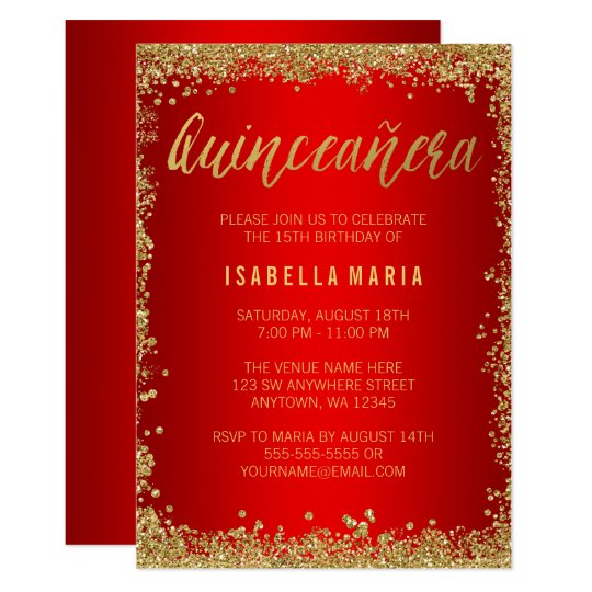 Red Gold Faux Glitter Quinceanera 15th Birthday Invitation Zazzle Com