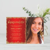 Red Gold Faux Glitter Quinceanera 15th Photo Invitation (Standing Front)