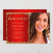 Red Gold Faux Glitter Quinceanera 15th Photo Invitation (Front/Back)