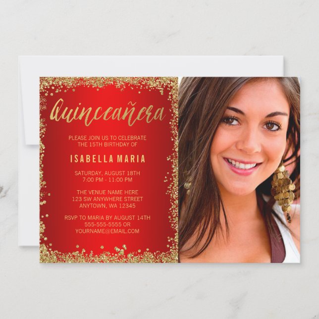 Red Gold Faux Glitter Quinceanera 15th Photo Invitation (Front)
