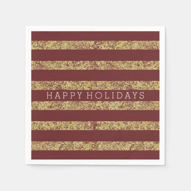 Red Gold Faux Glitter Stripes Paper Napkins (Front)