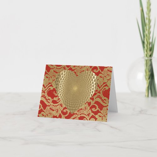 Red  Gold Faux Lace Golden Prismatic Heart Holiday Card
