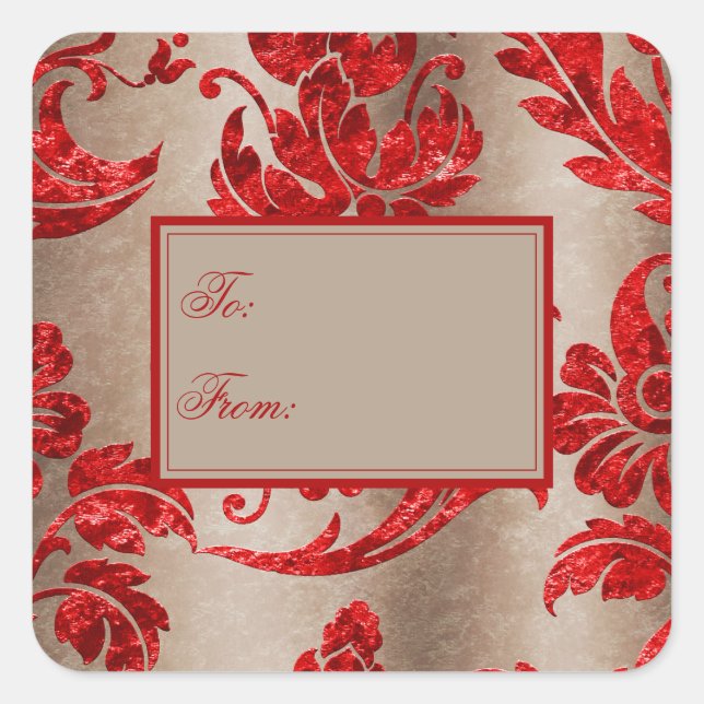 Red Gold Faux Velvet Damask Elegant Gift Tag  (Front)