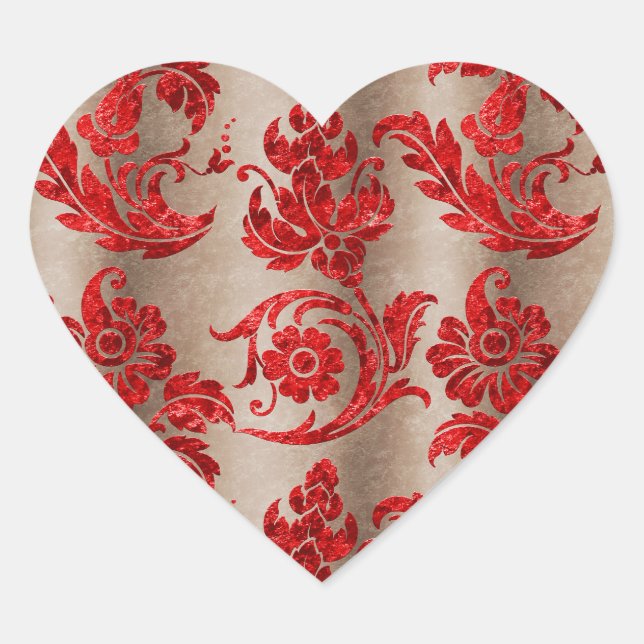 Red Gold Faux Velvet Damask Heart Sticker (Front)