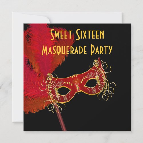 Red Gold Feather Mask Sweet 16 Masquerade Party Invitation