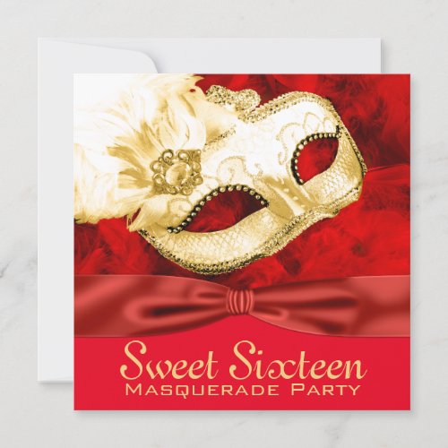 Red Gold Feather Masquerade Party Invitation