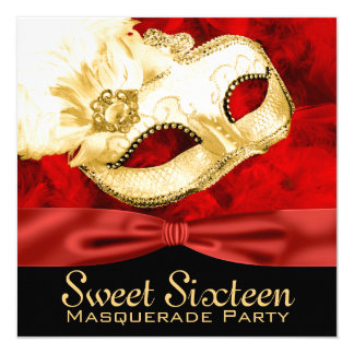 Red Gold Feather Sweet 16 Masquerade Party Card