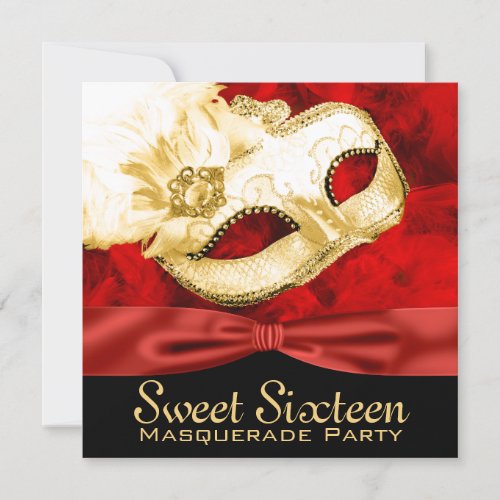 Red Gold Feather Sweet 16 Masquerade Party Invitation